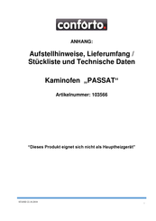 conforto PASSAT Aufstellhinweise, Lieferumfang / Stückliste Und Technische Daten