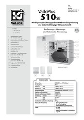 Vallox ValloPlus 510SE Bedienungs-, Wartungs- Und Technische Anweisung