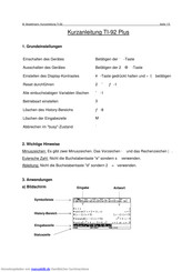 Texas Instruments TI-92 Plus Kurzanleitung