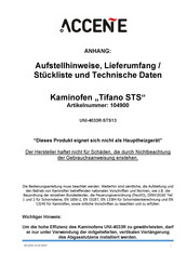 Accente Tifano STS Aufstellhinweise, Lieferumfang / Stückliste Und Technische Daten
