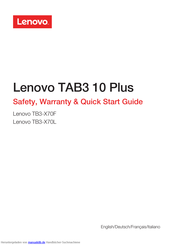 Lenovo TB3-X70L Sicherheit, Garantie Und Kurzanleitung